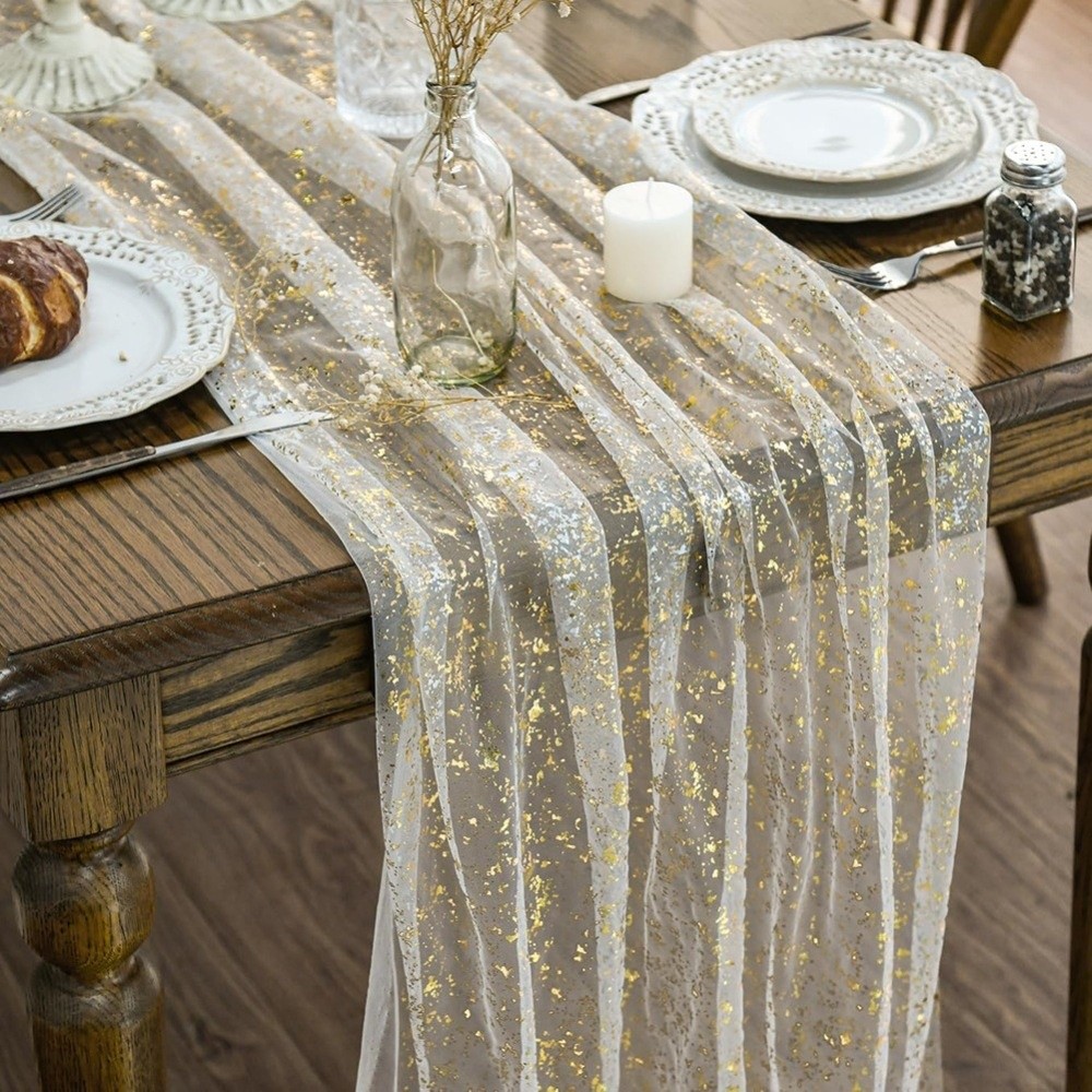 Table Runner Sequin - Taplak Meja Berkilau Emas dengan Hiasan