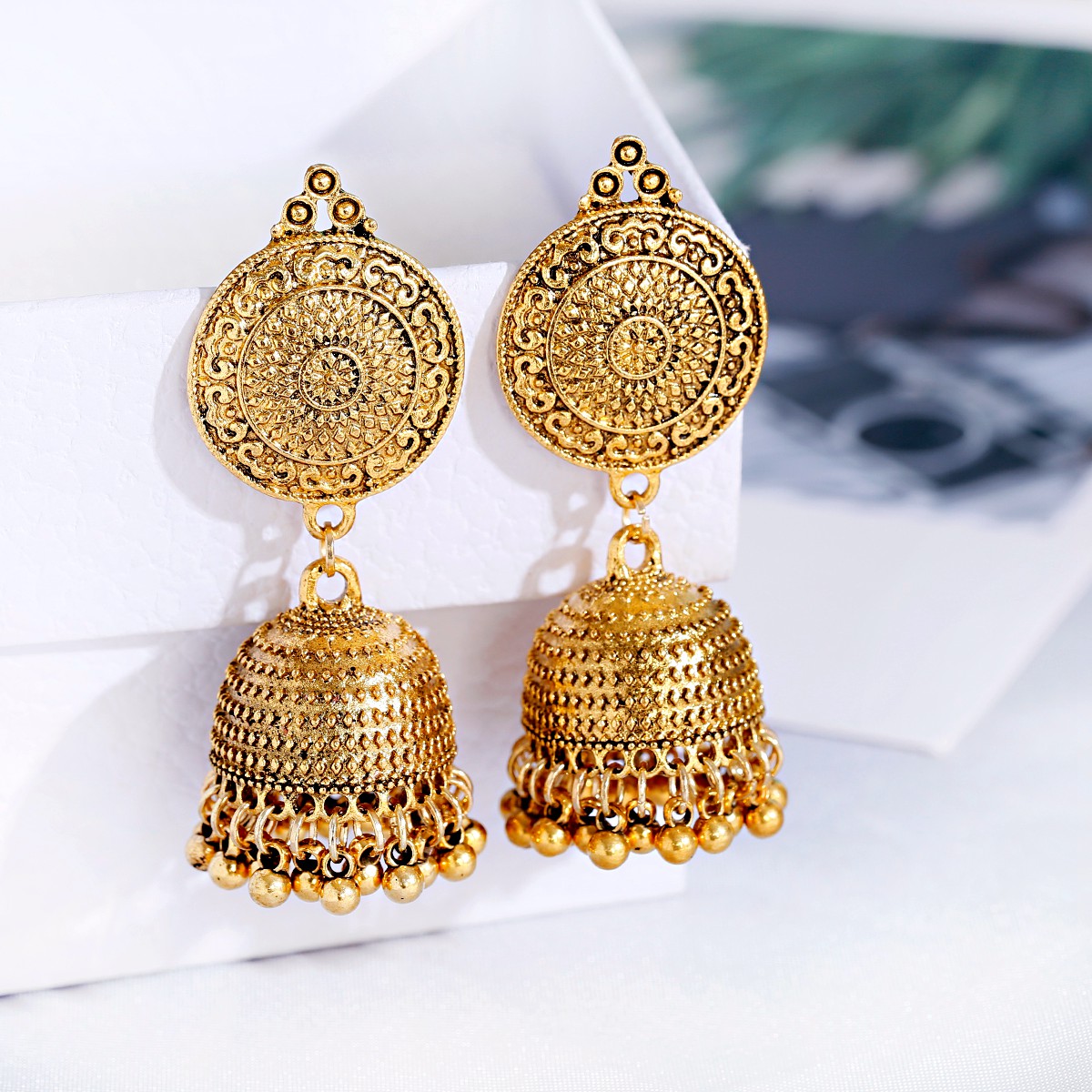 Indian Wedding Supply - Anting-anting Jhumka warna emas etnis antik